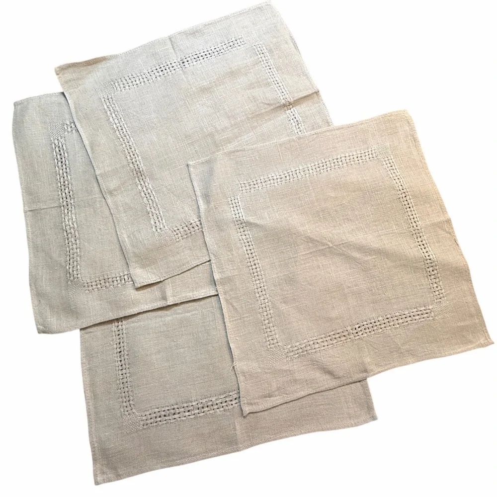 Set of 4 Linen Hemstitch Napkins‎ Natural Beige Tablecloths