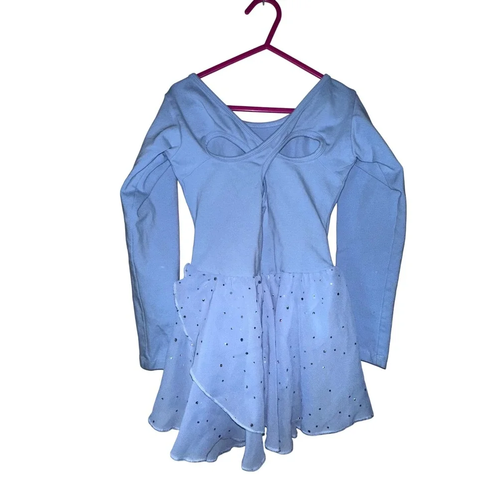 Girls Blue Long‎ Sleeve Leotard Dress Dance Gymnastics Sparkle size s