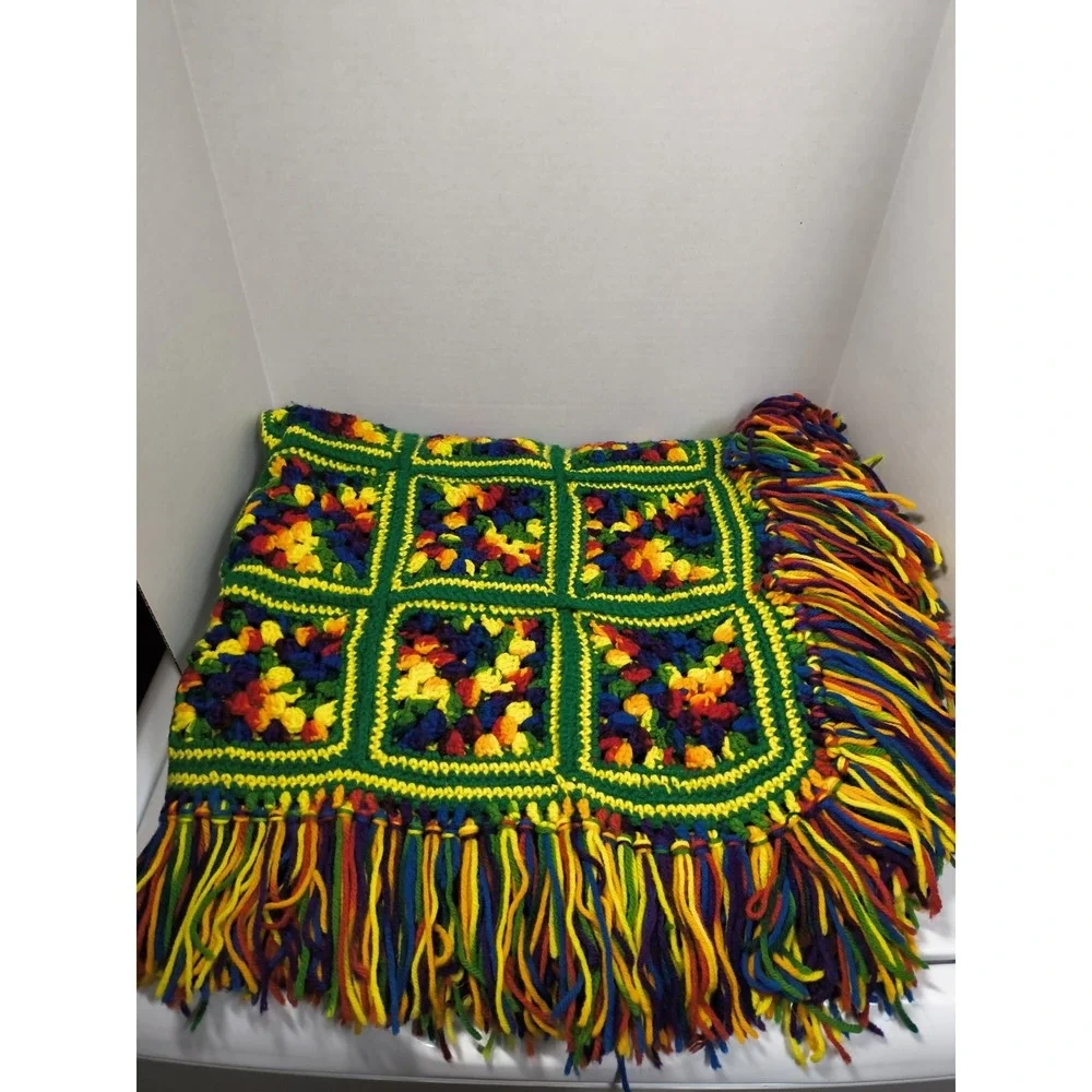 Handmade Granny Square Afghan Crochet Throw Blanket Fringe 3x5‎ Green Red Yellow
