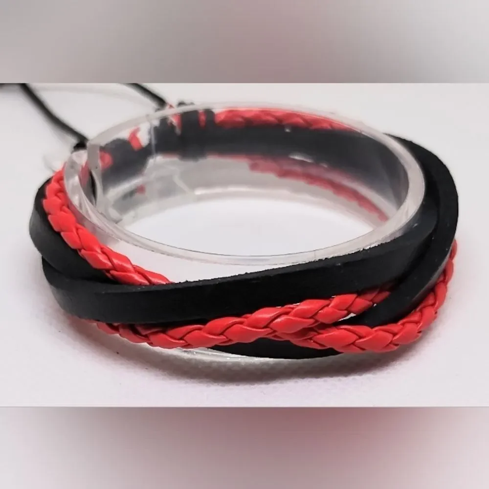 Men's leather bracelet‎ braided layered black Red new e96