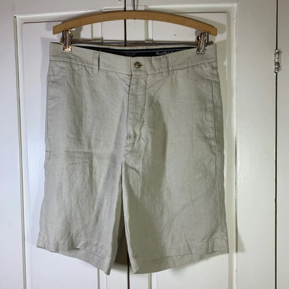 Daniel Bishop Mens 100% Linen Shorts Beige‎ Oatmeal Flat Front Size 32 33x9.5