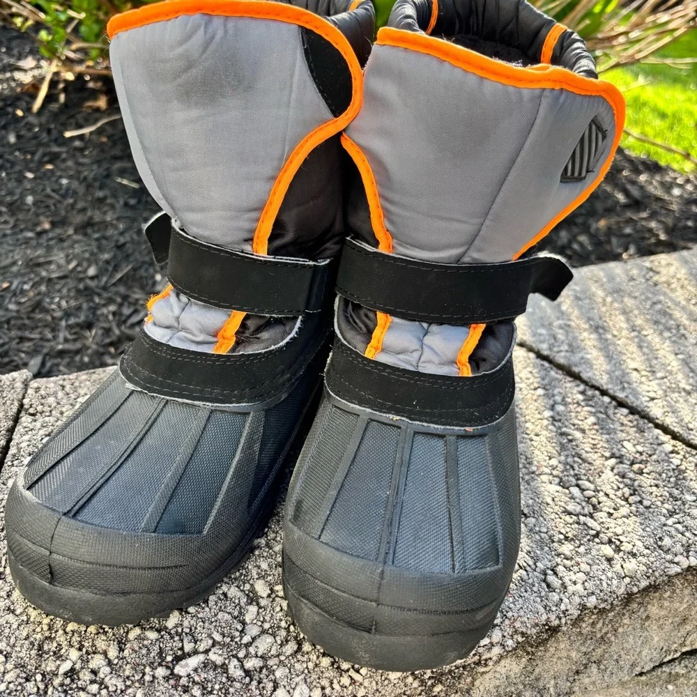 Kids Black and Gray Winter Snow Boots with Orange Trim