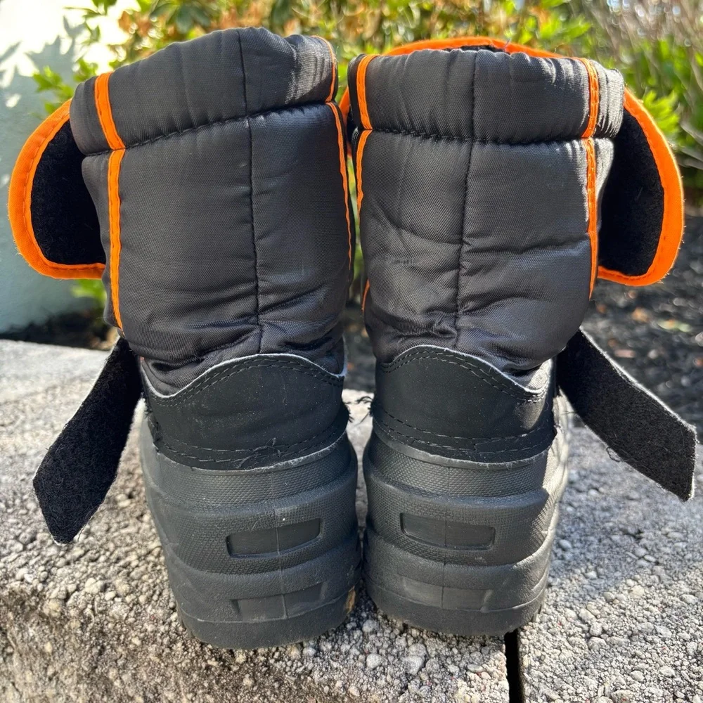 Kids Black and Gray Winter Snow Boots with Orange Trim