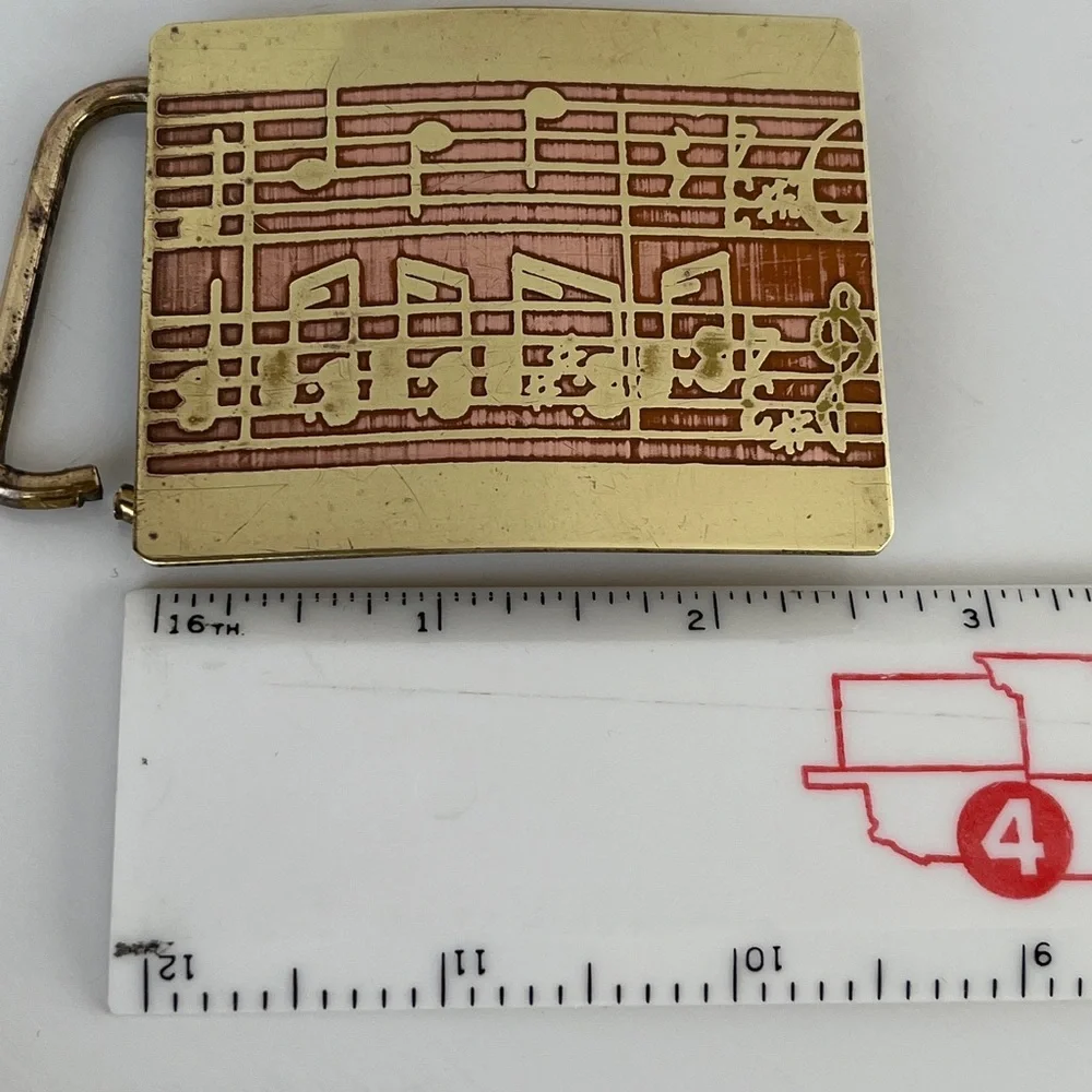 Vintage Horizon Brass Copper Musical Notes Belt Buckle 1970s Music Staff Design