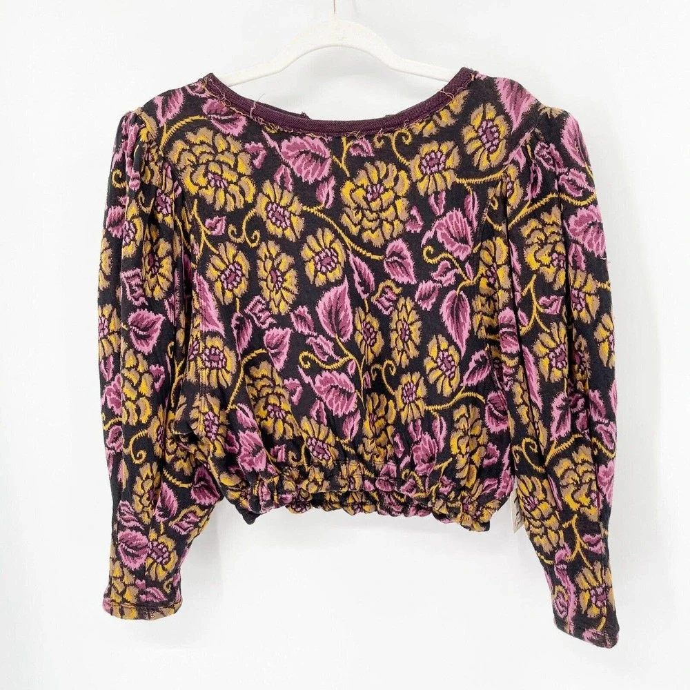 NWT Free People No Ordinary Top Tapestry Crop Blouse Sz XS Purple‎ Tie Puff Slv