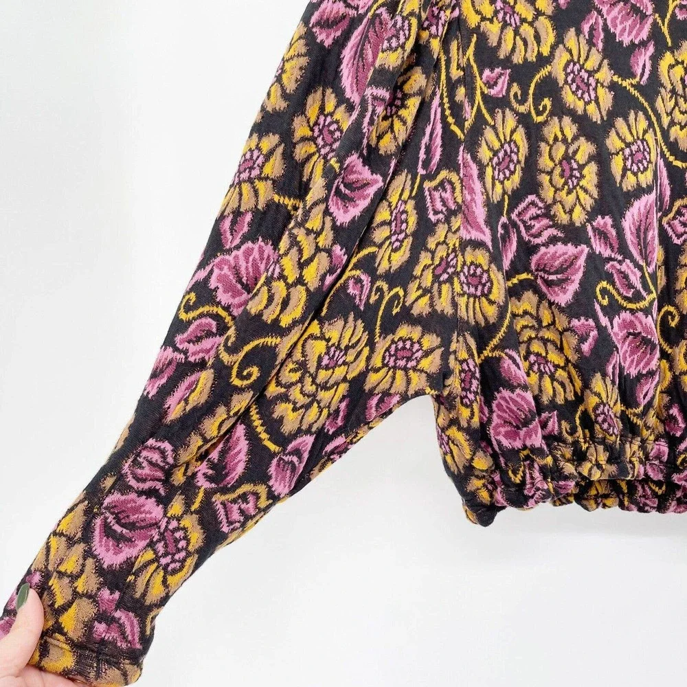 NWT Free People No Ordinary Top Tapestry Crop Blouse Sz XS Purple‎ Tie Puff Slv