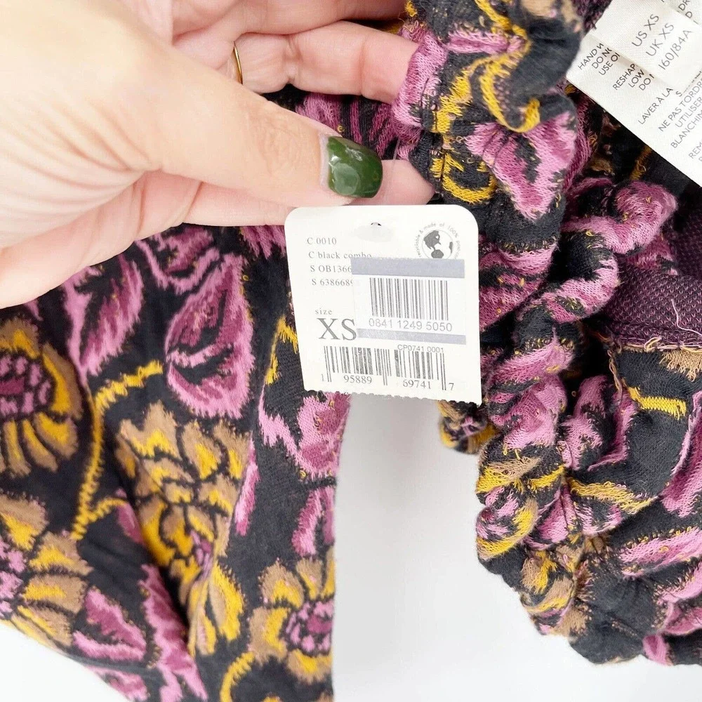 NWT Free People No Ordinary Top Tapestry Crop Blouse Sz XS Purple‎ Tie Puff Slv