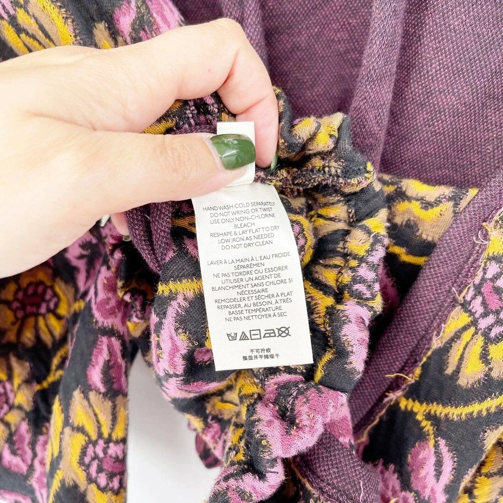 NWT Free People No Ordinary Top Tapestry Crop Blouse Sz XS Purple‎ Tie Puff Slv