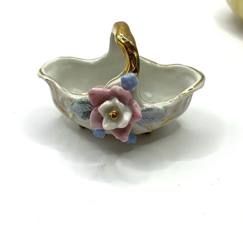 Pink and Blue Floral Porcelain Basket Gold Tone Mini