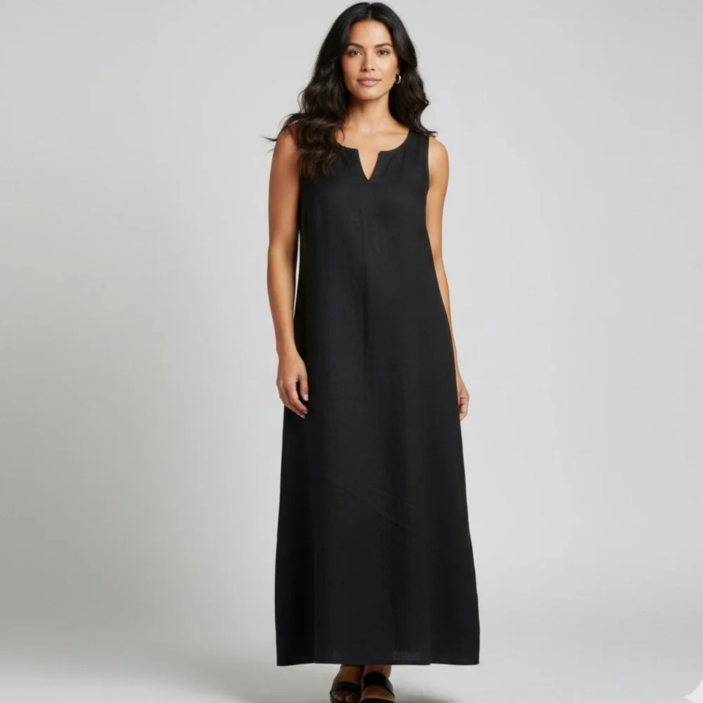100% linen Asymmetric Sleeveless Linen V-Neck‎ Midi Black Dress
