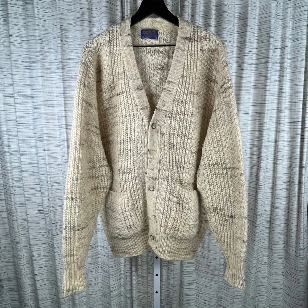 Vintage Pendleton Wool Cardigan Sweater Mens Large Cream Tan Marled Knit USA