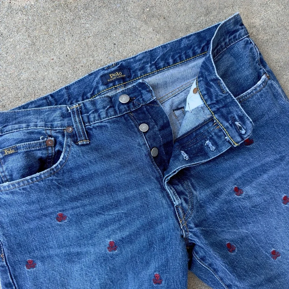 Polo Ralph Lauren Blue Sullivan Slim Skull Crossbones Embroidered Jeans - 34x30