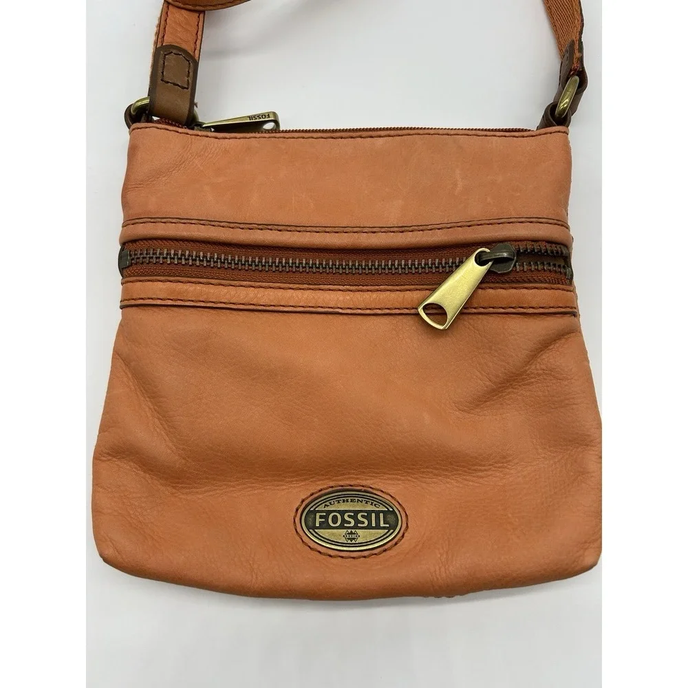 Vintage Fossil Leather Crossbody Bag Orange Pebbled Square Multi Zip Boho Hippie