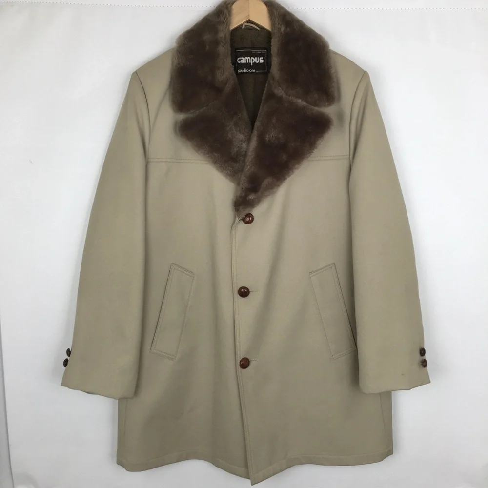 Vintage Faux Fur Trim Coat Jacket by Campus Studio One Beige Men’s Size 46 XL
