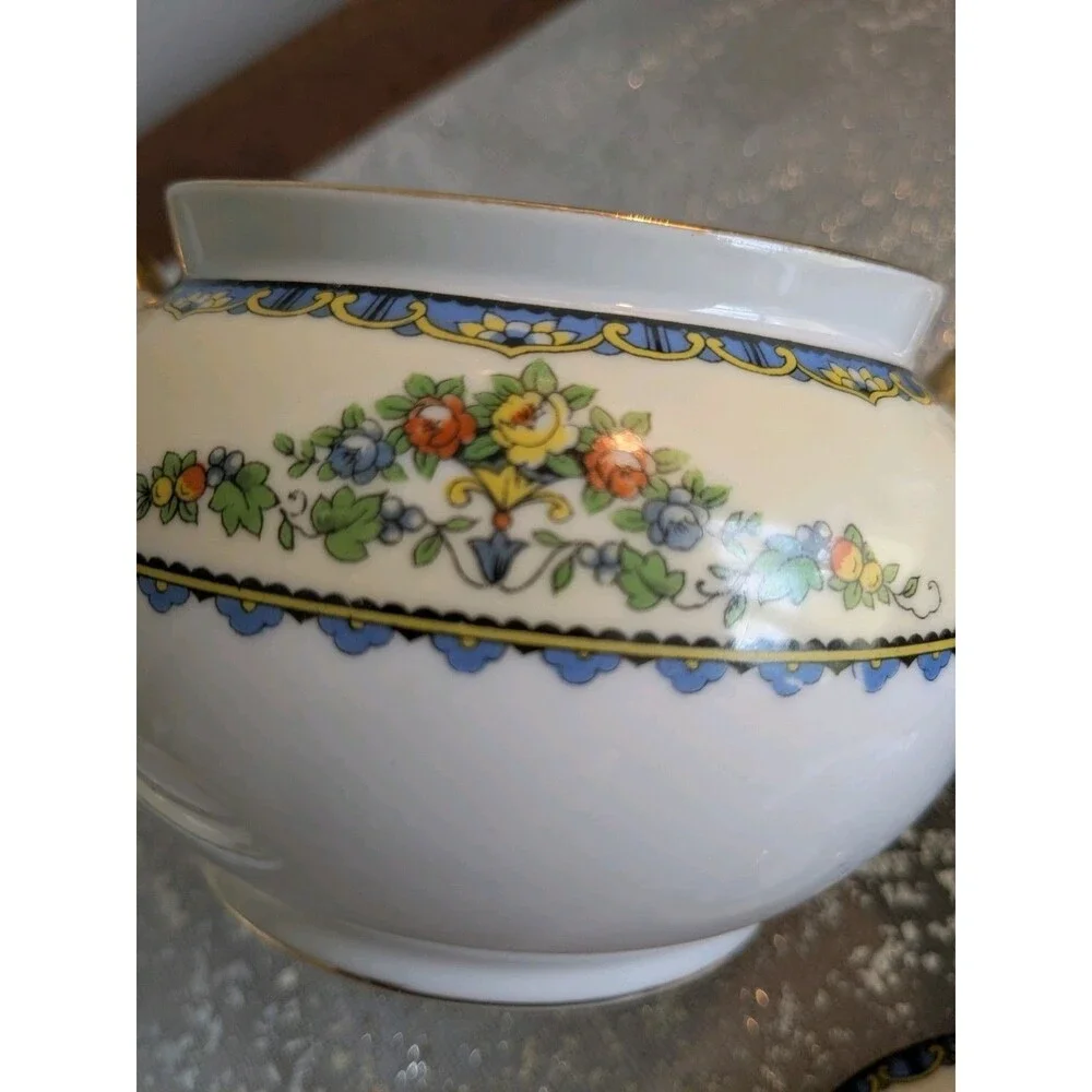 Noritake Avril China Creamer & Sugar w Lid 1918-1931 Floral Gold Blue Antique