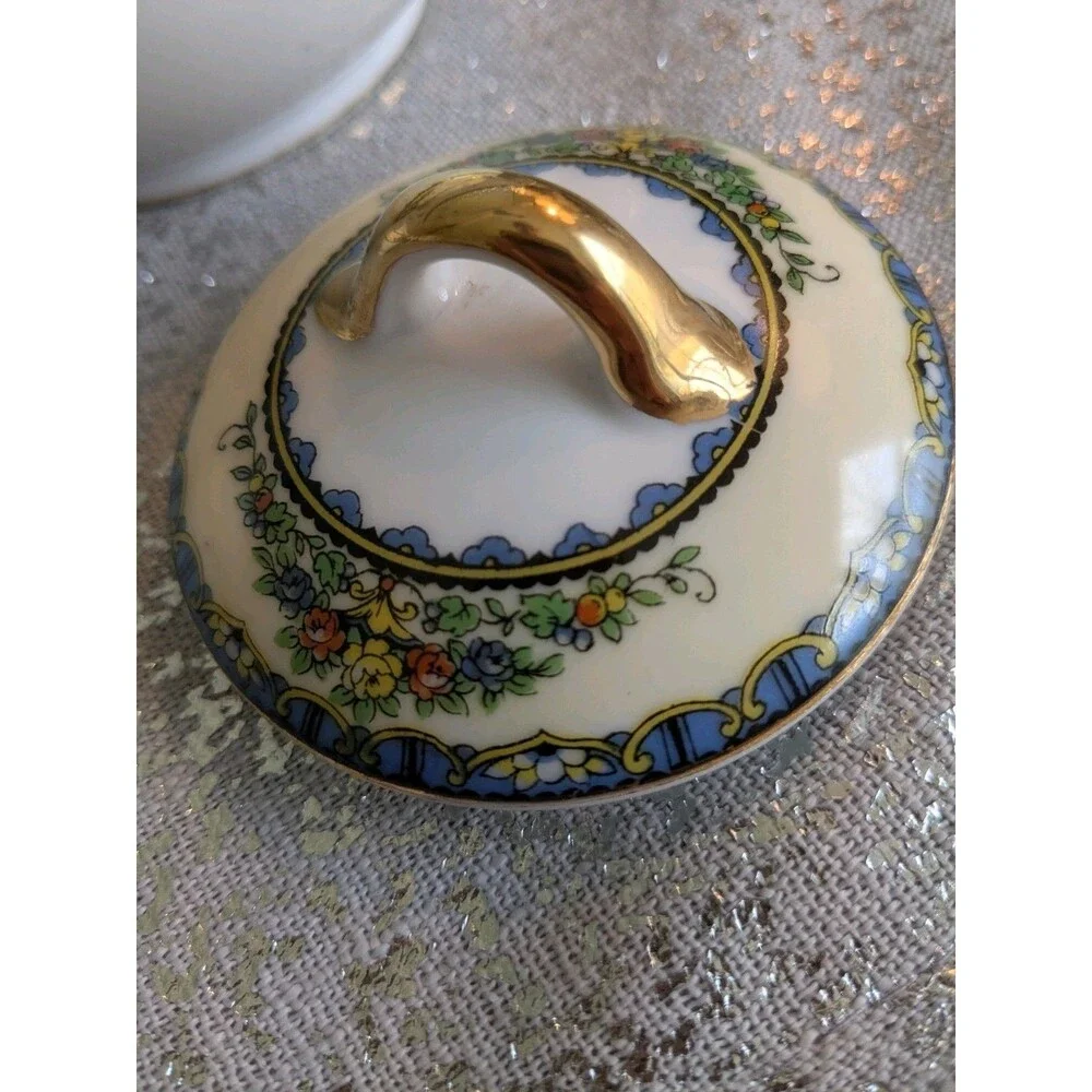 Noritake Avril China Creamer & Sugar w Lid 1918-1931 Floral Gold Blue Antique