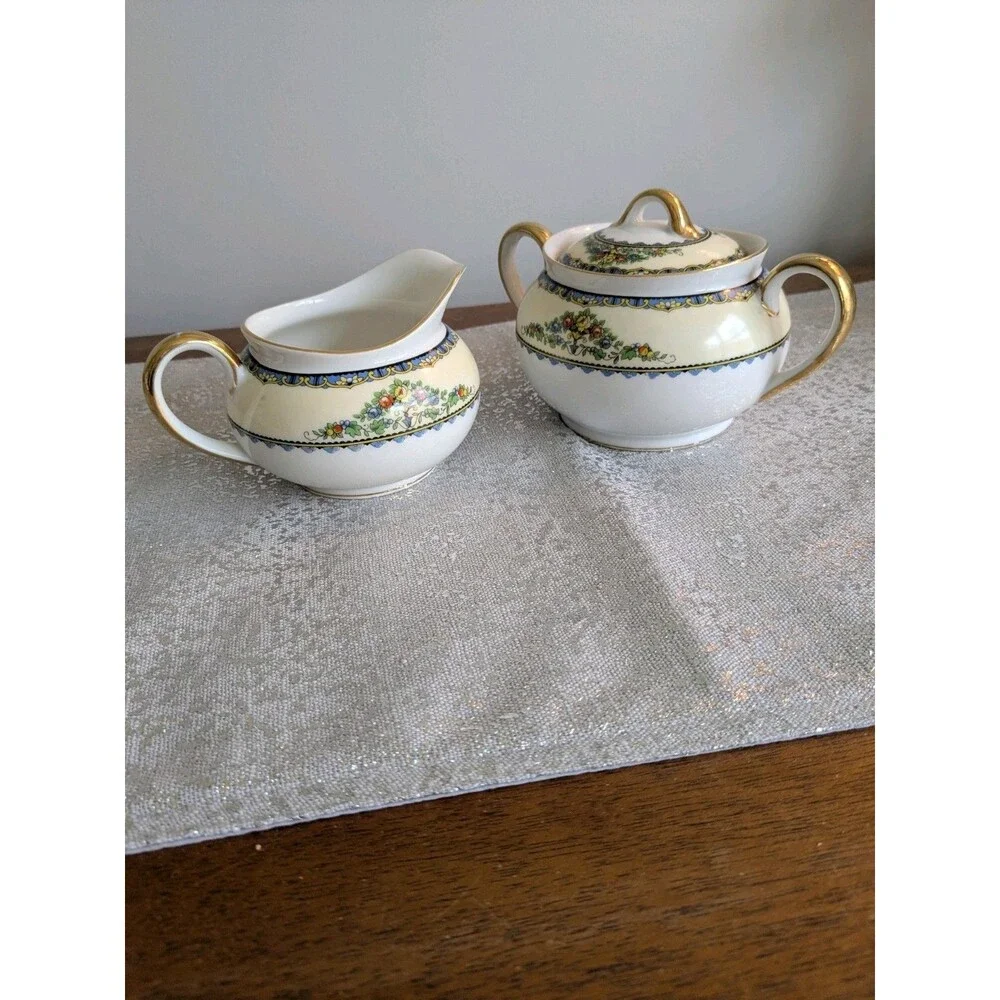 Noritake Avril China Creamer & Sugar w Lid 1918-1931 Floral Gold Blue Antique