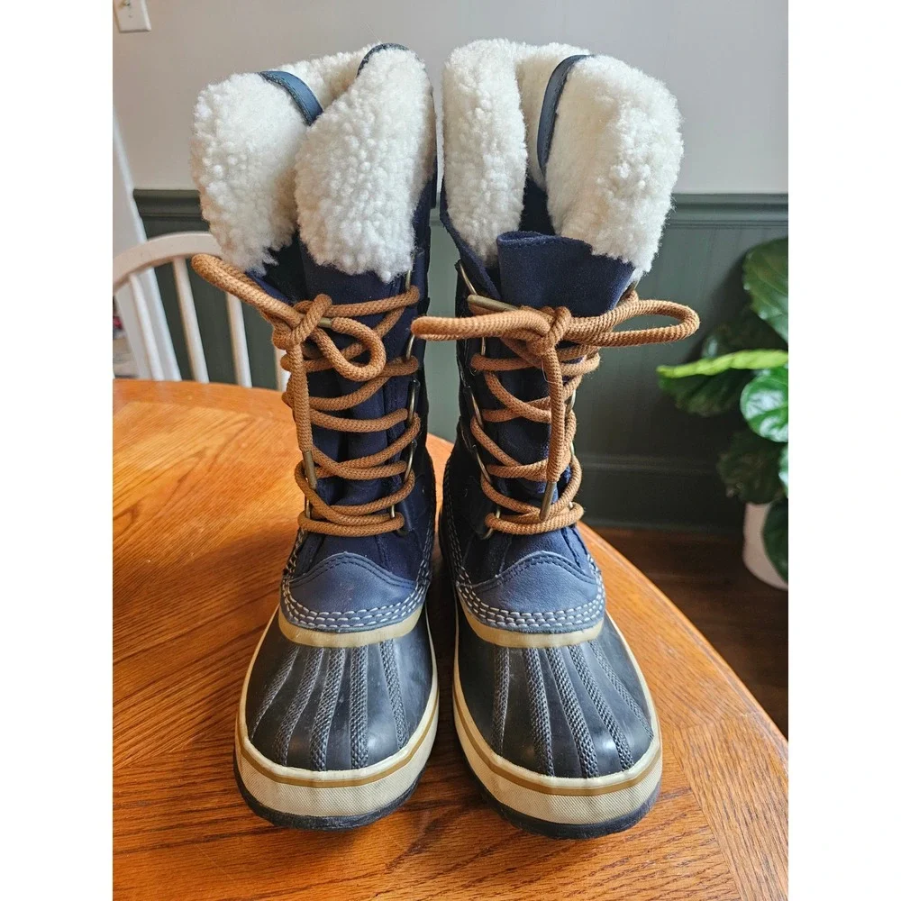 Sorel Joan of Arctic shearling Winter Snow Boots Navy Blue Waterproof Suede sz 6