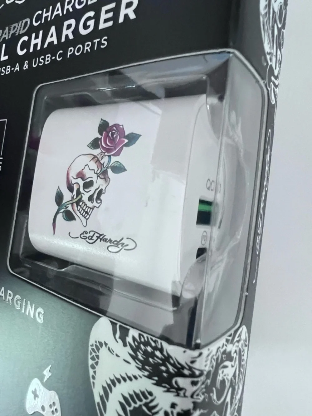 Ed Hardy Rapid Charge Wall Charger with Skull & Rose Tattoo Graphic
