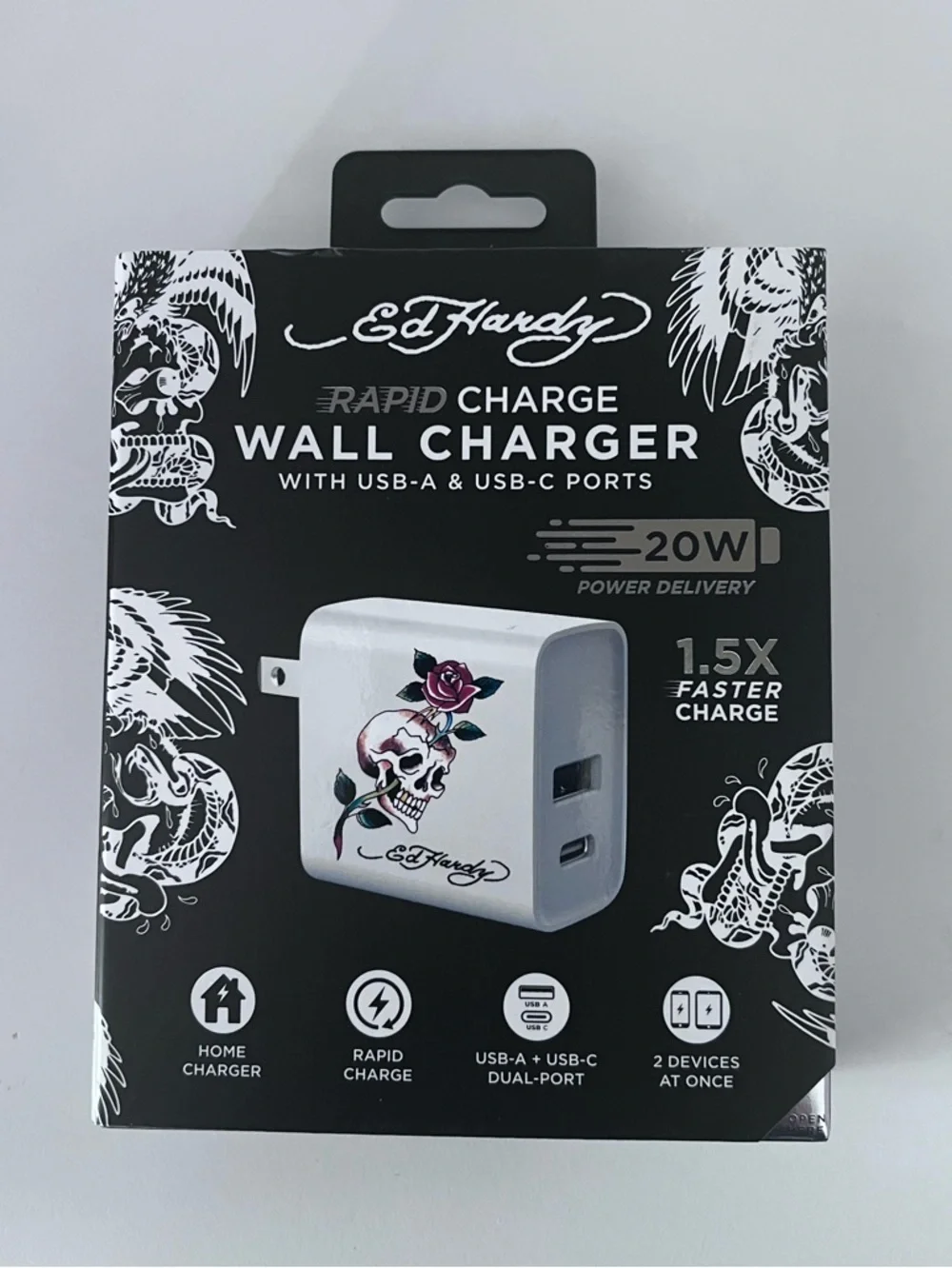 Ed Hardy Rapid Charge Wall Charger with Skull & Rose Tattoo Graphic