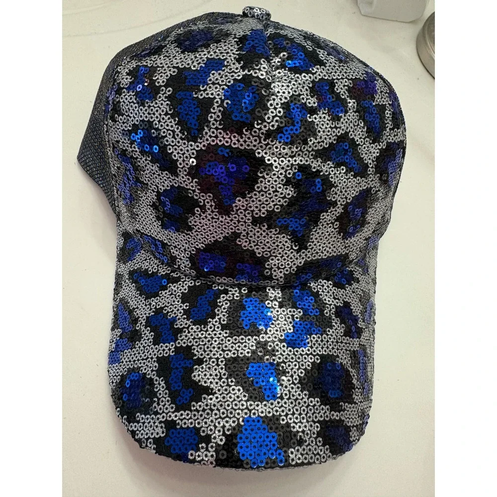 Sequin Leopard Print Baseball Cap Women's Adjustable Blue Silver Sparkly‎ NWOT
