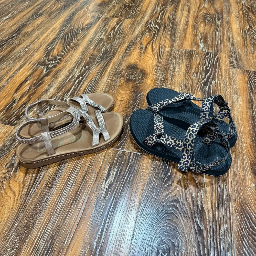 Girls Size 4 Rose Gold Beaded Sandals & Black Leopard-Print Shoes Big Kids