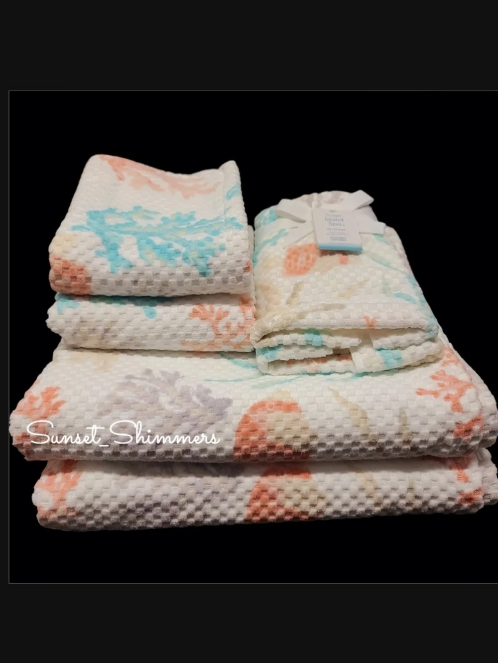 6pc Fish & Sea Coral Coastal Bath Hand Tip Towel Set Sage Island Spa NEW