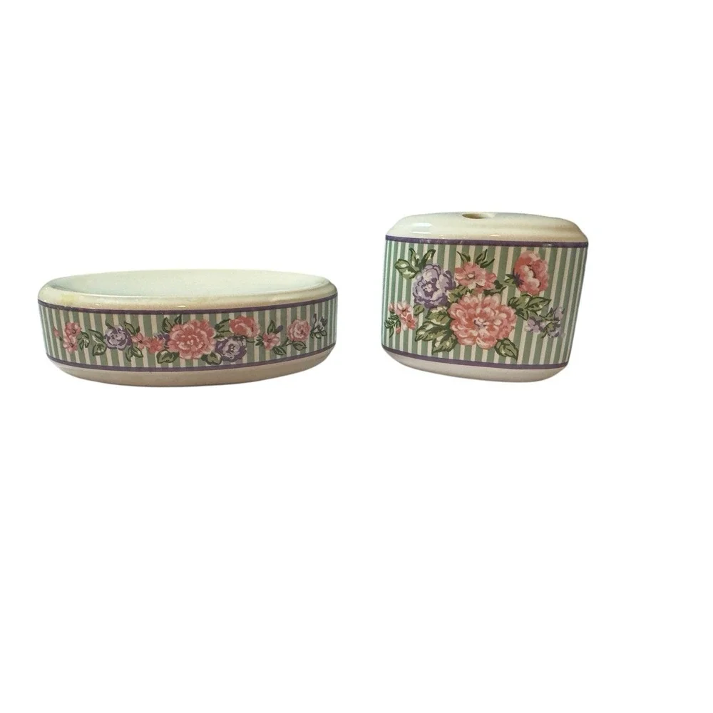 Vintage Floral Ceramic Bathroom Soap Dish and Toothbrush Holder Cottage Core EUC