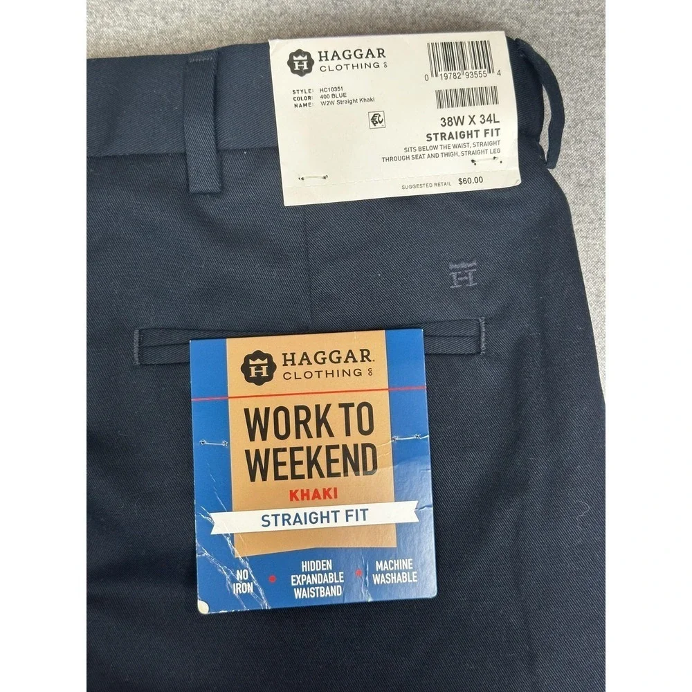 Haggar Work To Weekend Pants Mens 38x34 Blue Straight Fit Khaki Chino Cotton