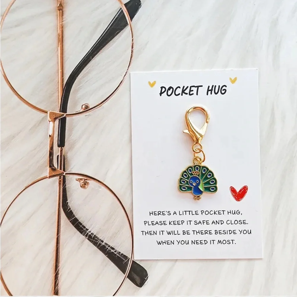 Peacock Pocket Hug Keychain Charm w Sheer Organza Bag $FIRM