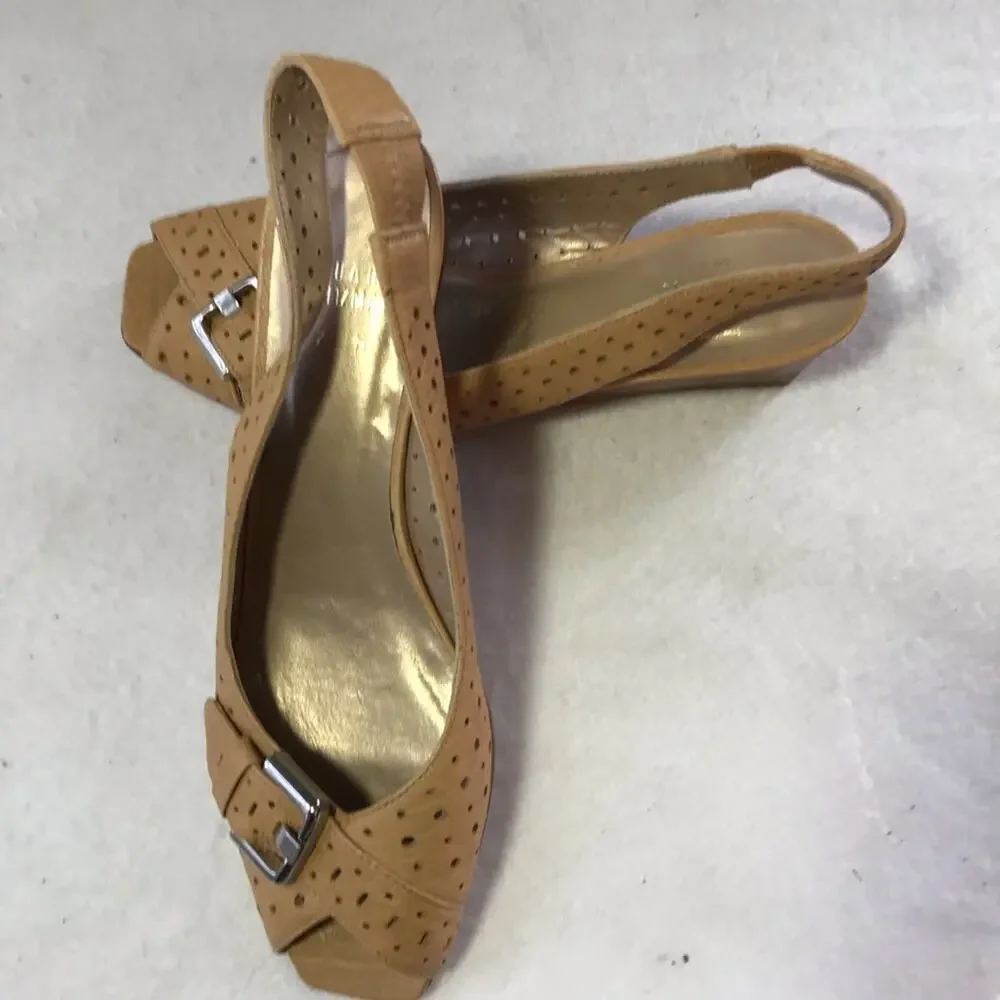 Stuart Weitzman tan leather cutouts peep toe wedges buckle detail 7 Spain