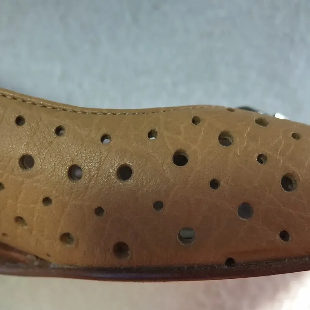 Stuart Weitzman tan leather cutouts peep toe wedges buckle detail 7 Spain