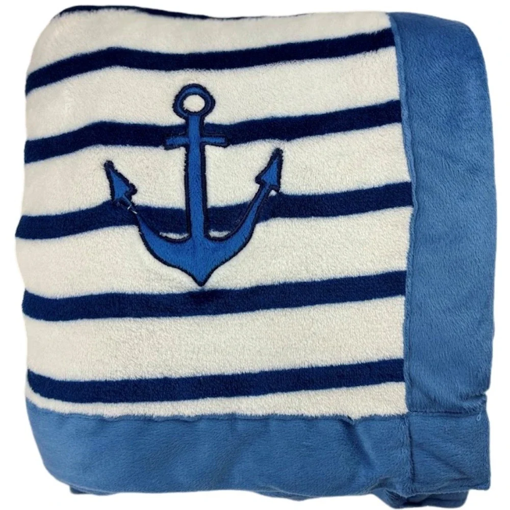 Baby Lounge Blue Stripe ANCHOR‎ Blanket Soft Fleece Embroidered Lovey Nautical