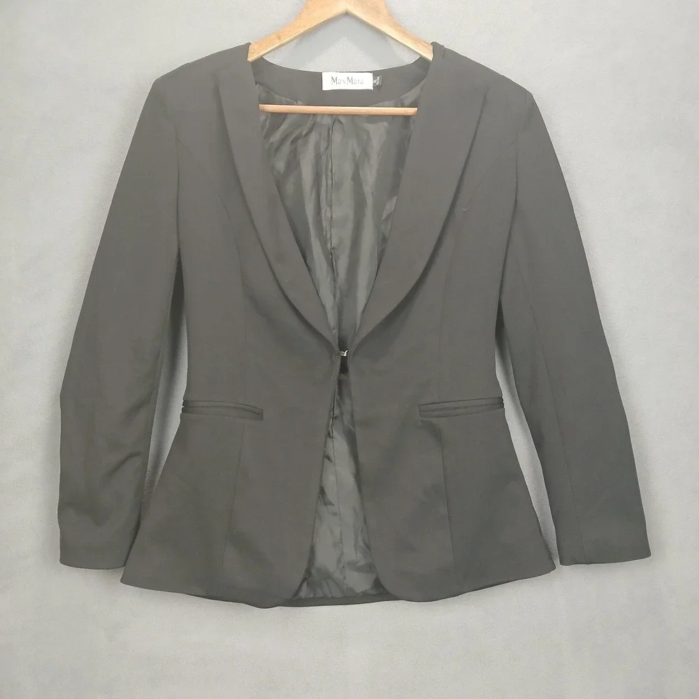 Max Mara Blazer Jacket Womens XL Black Lined Formal Single Breasted‎ Shawl Lapel