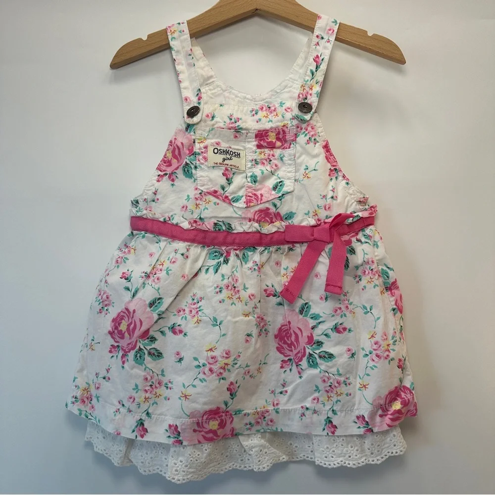Oshkosh Girl HTF Retired Overall Dress Skirtall Floral Roses 24‎ Months Ribbon