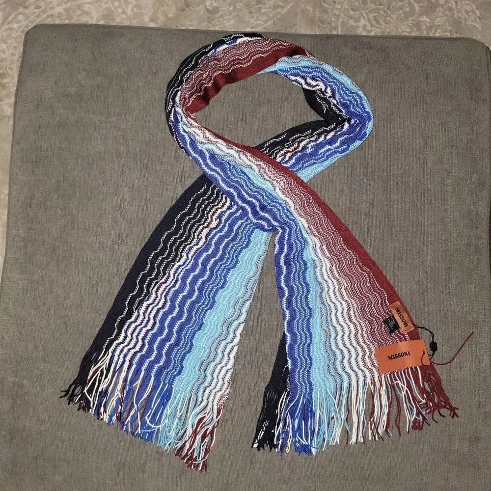Missoni Knit Zigzag Scarf Italian Made Wool Blend Blue multi color Fring…