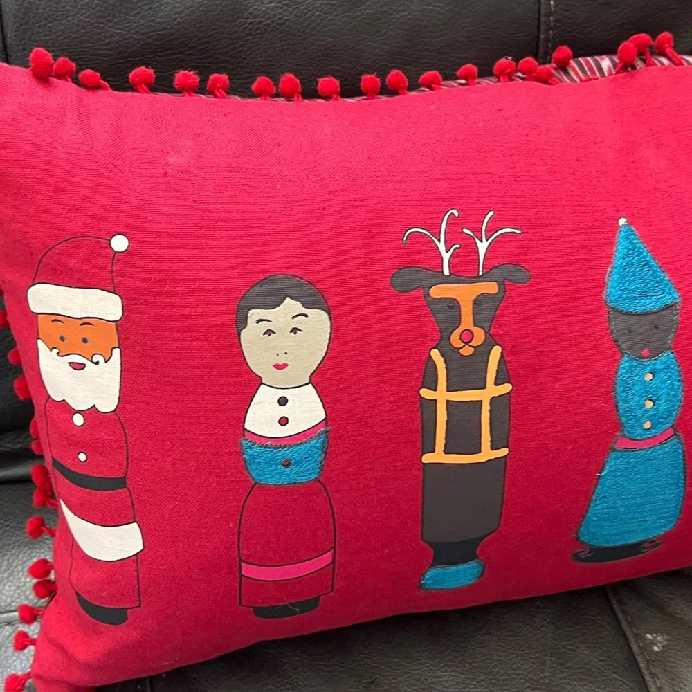 Crate & Barrel Winder Red Embroidered Feathered Christmas Pillow Santa Reindeer