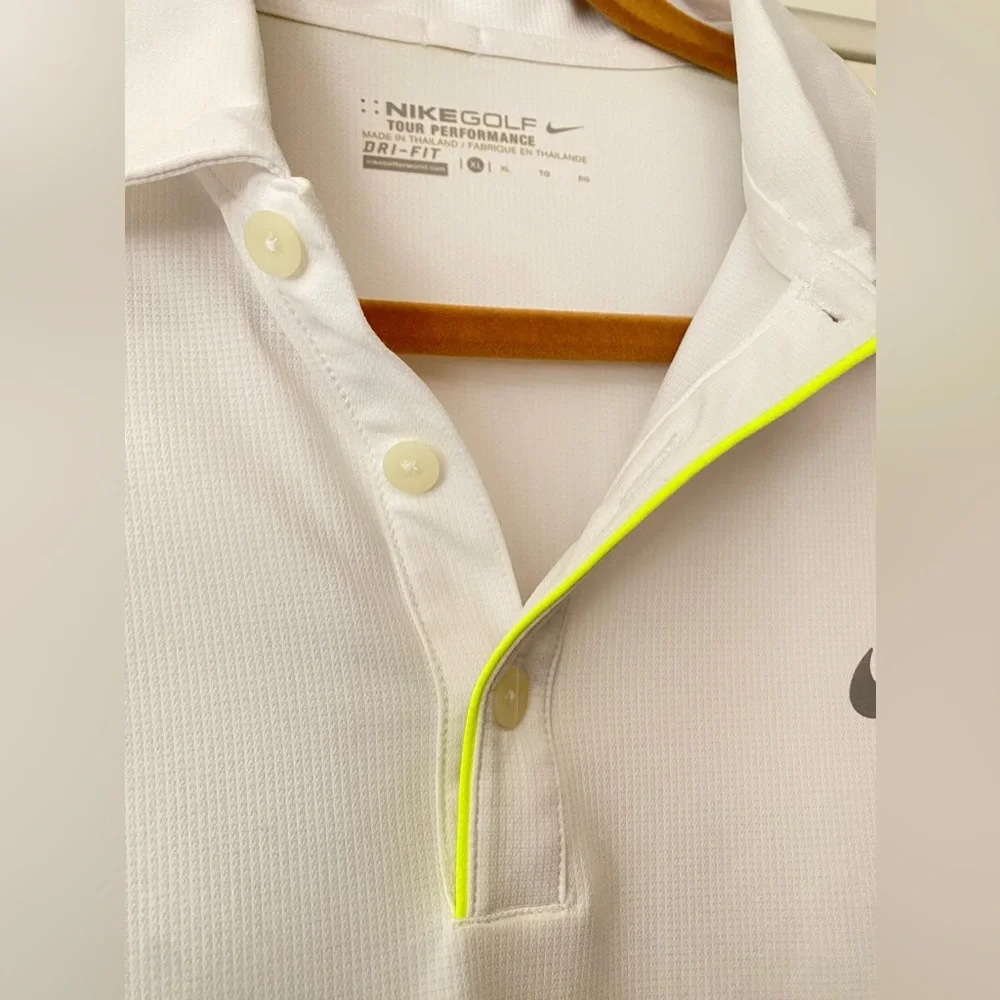 Nike Golf Polo Shirt White neon yellow pipes Dri-FIT men's XL