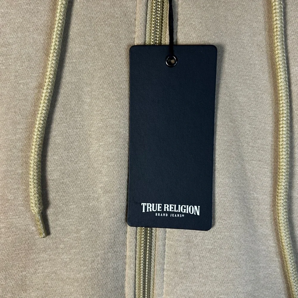 True Religion Mens True College Full Zip Hoodie Jacket Travertine Beige L NEW