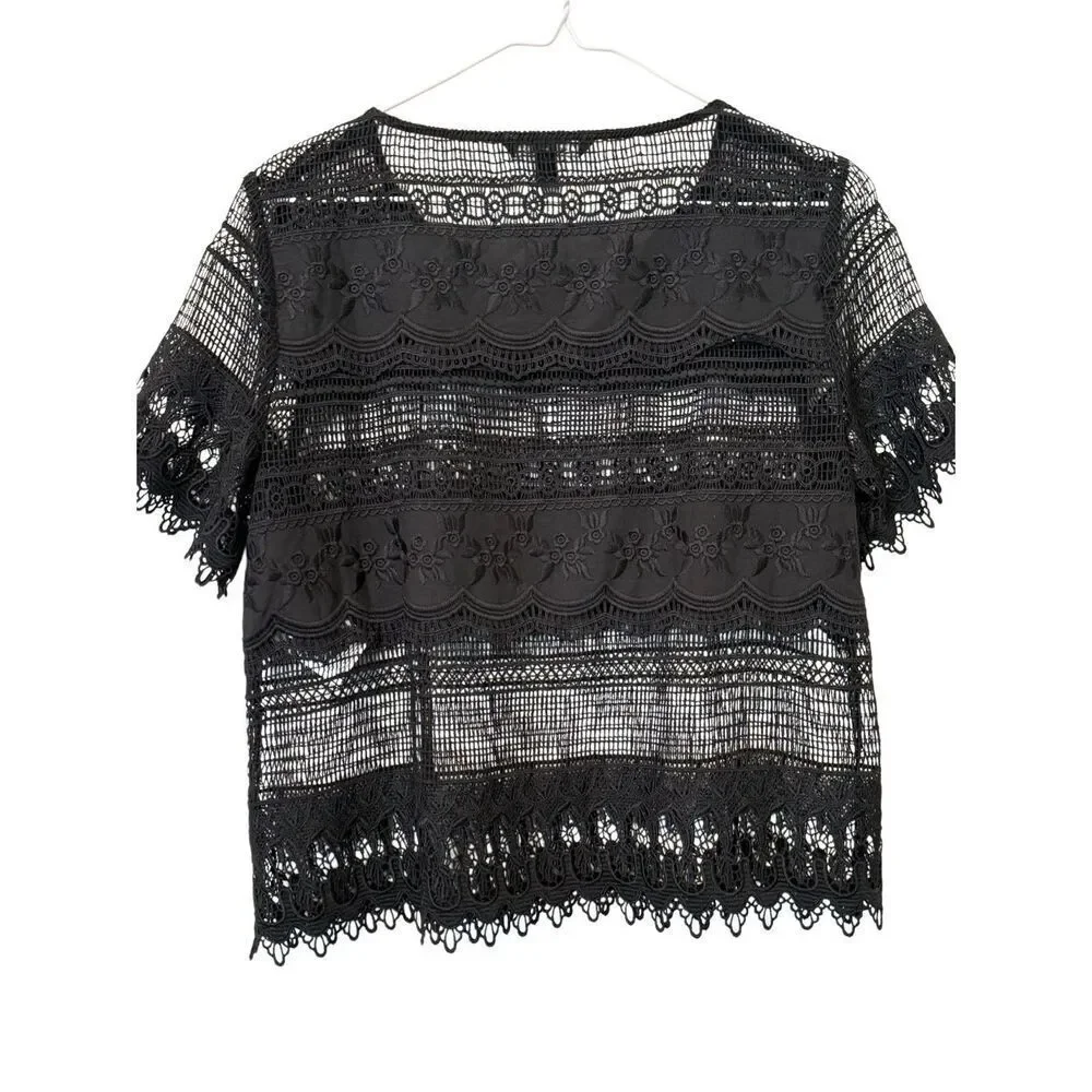 Banana Republic Crochet Lace Short Sleeve See Through Crop Top Black Small