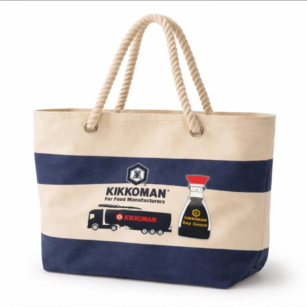 Kikkoman Canvas Rope Handle Tote Bag Navy Stripe Farmers Market Beach