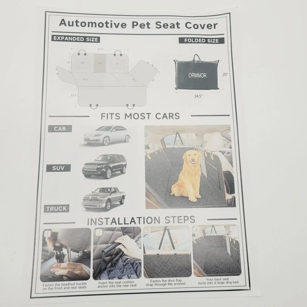 Ormmor Dog Car Seat Cover Hard Bottom Extender‎ Waterproof SUV Truck Black
