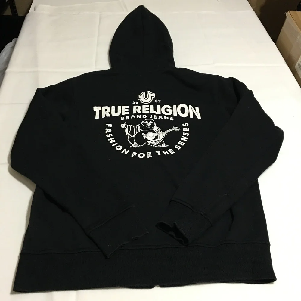 True Religion Mens Large Black Hoodie Full Zip Sweatshirt Black