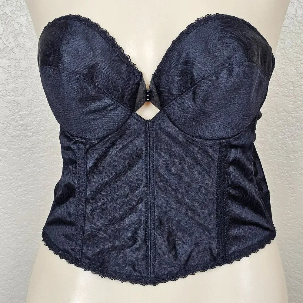 Vtg Sophistique By Smoothie Black Bustier Long Line Bra Boning‎ Floral Lace 36B