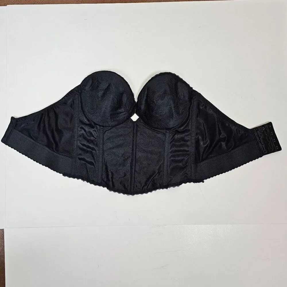 Vtg Sophistique By Smoothie Black Bustier Long Line Bra Boning‎ Floral Lace 36B