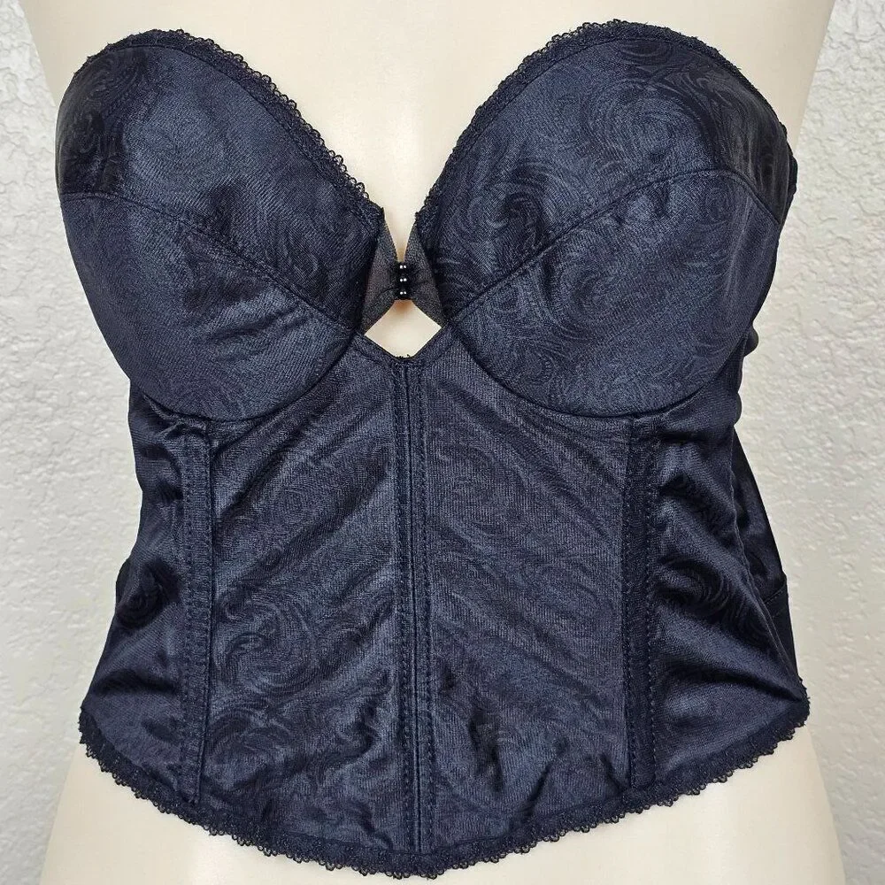 Vtg Sophistique By Smoothie Black Bustier Long Line Bra Boning‎ Floral Lace 36B