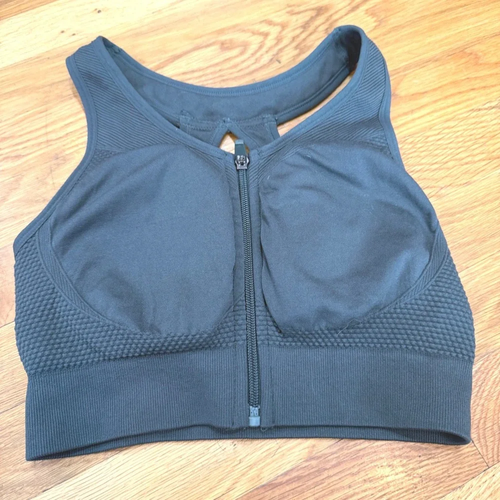 Vina Womens Front Zip Seamless Sports Bra Green Impact Racerback M