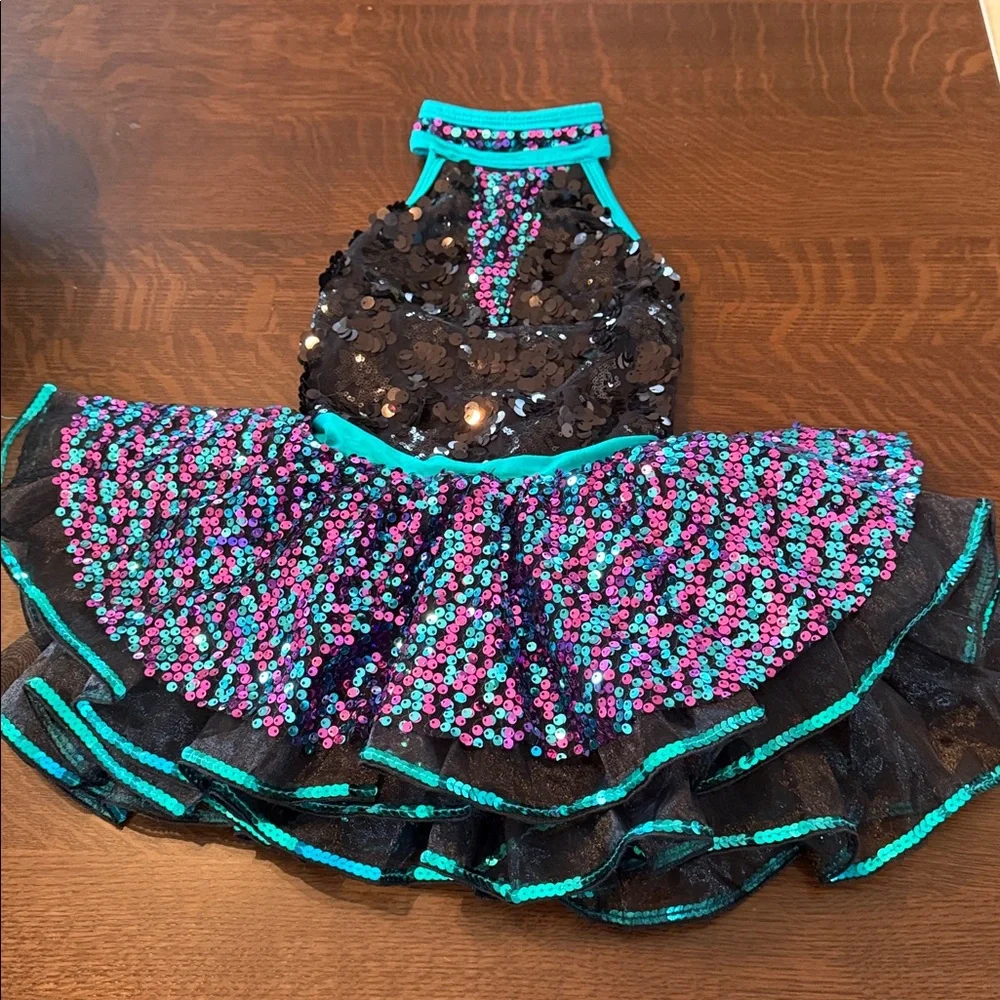 Glamour Costumes Small child. Sparkling Black & Teal Kids Dance Costume Dress-up