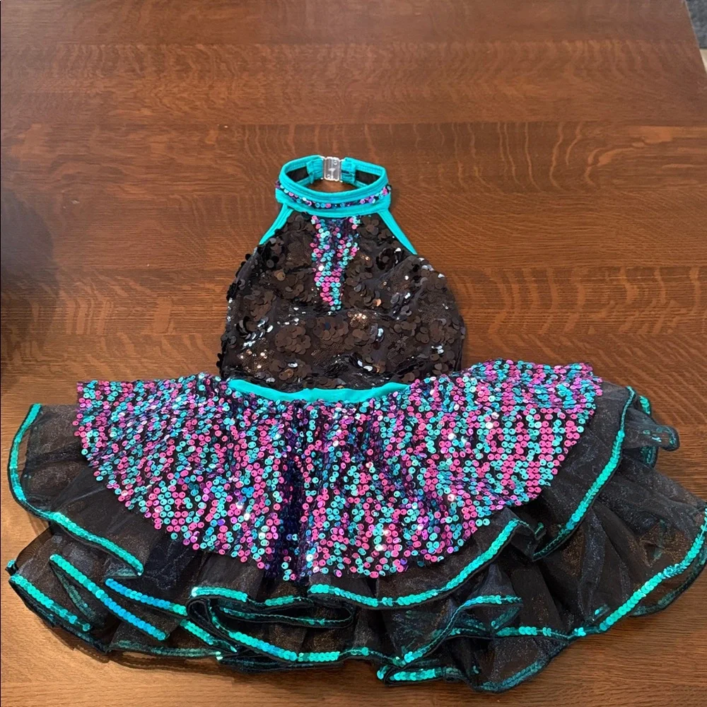 Glamour Costumes Small child. Sparkling Black & Teal Kids Dance Costume Dress-up