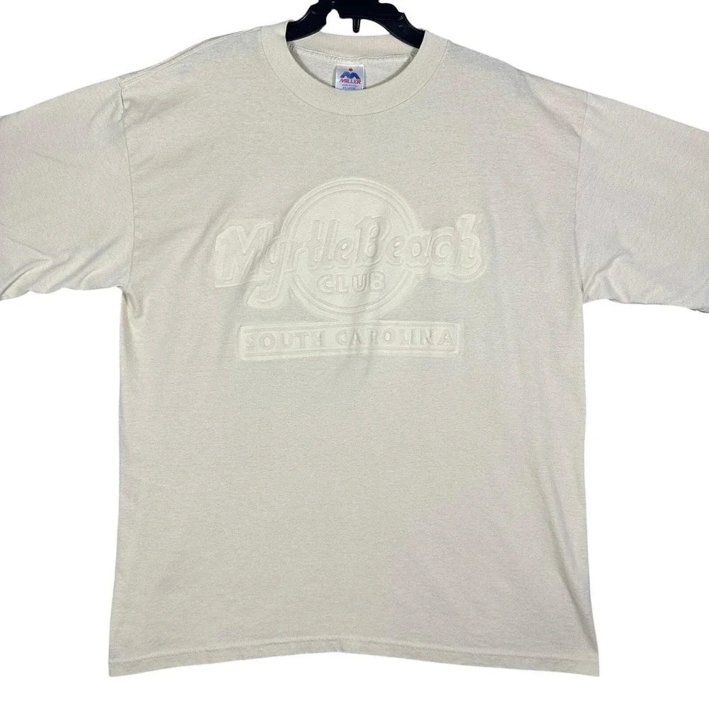 VINTAGE 90s Myrtle Beach Club Puff Print T-Shirt Mens XXL Cream‎ Made in USA